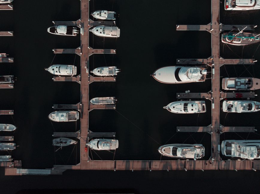 Aerial view of yachts docked at a marina