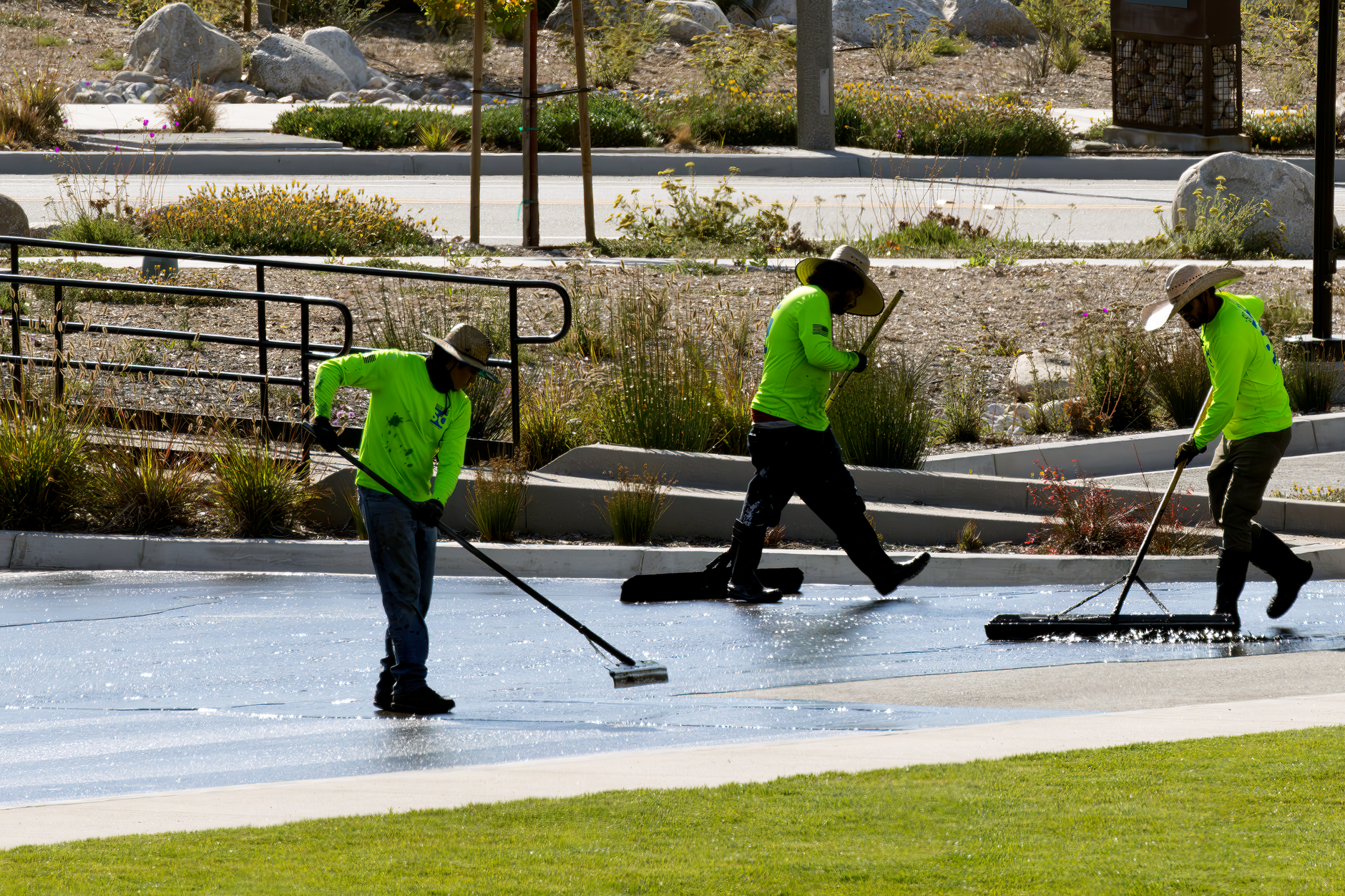 Landscaping crew maintaining a commercial property