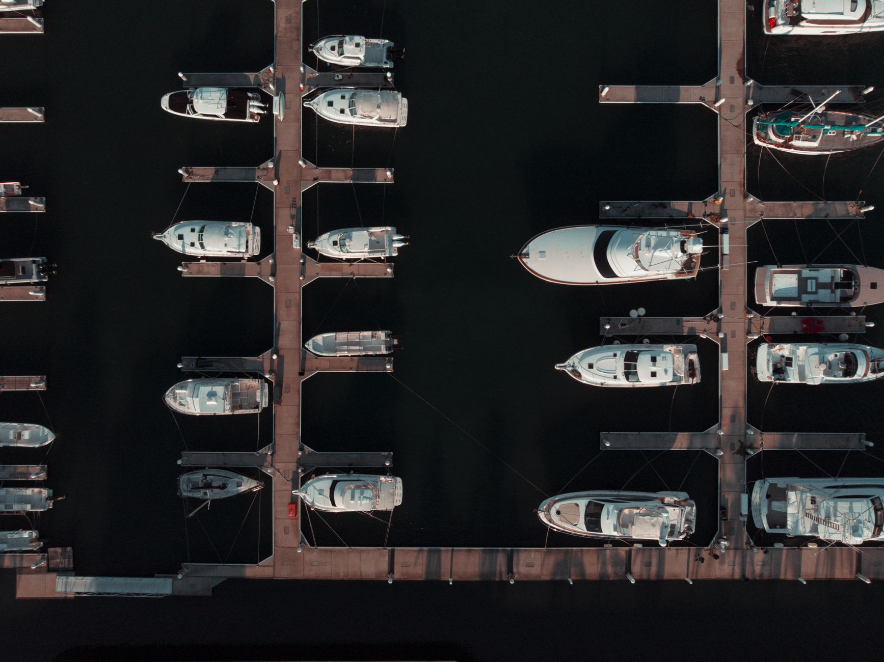 Aerial view of boats at a marina