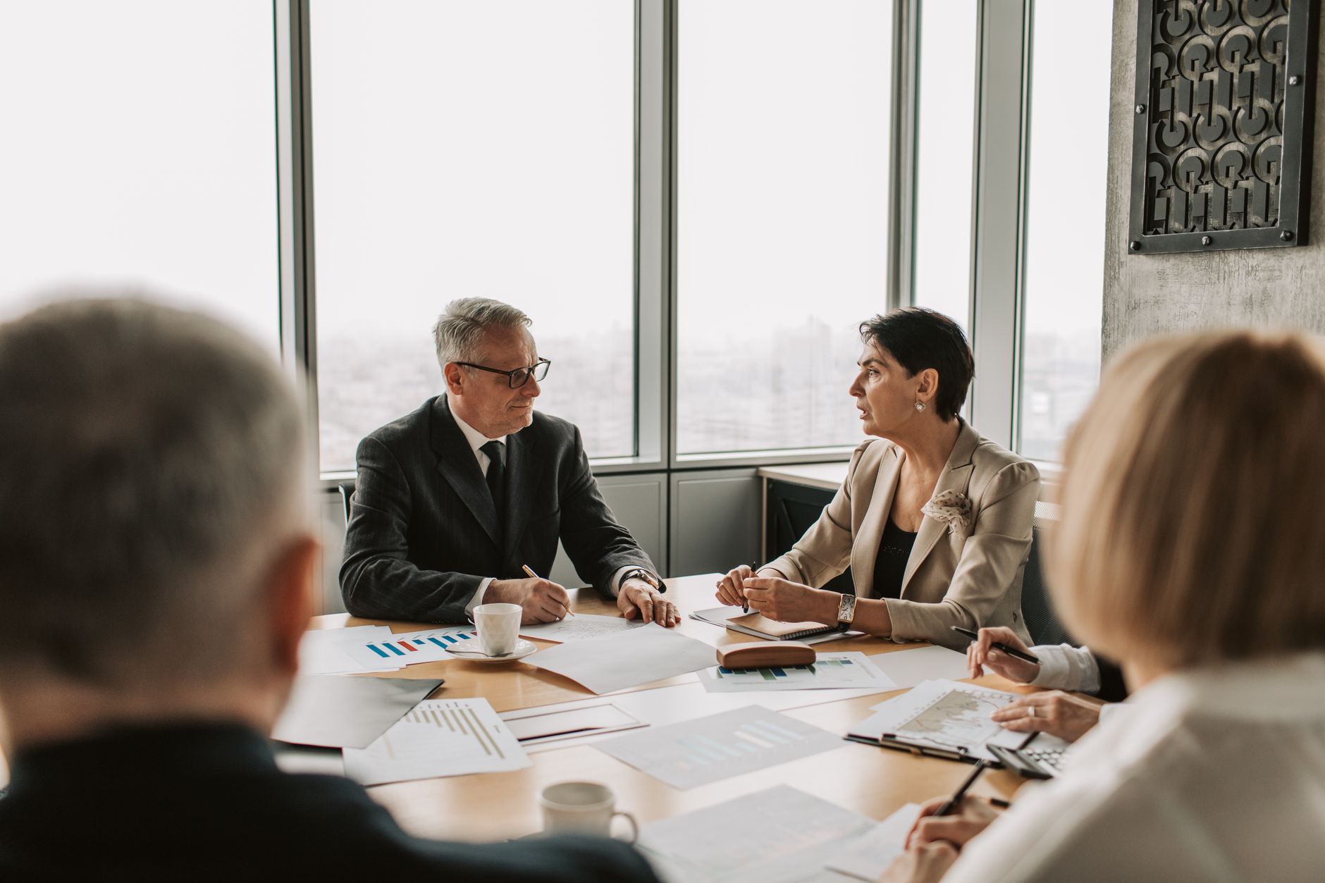 Business professionals in a strategy meeting in a modern office