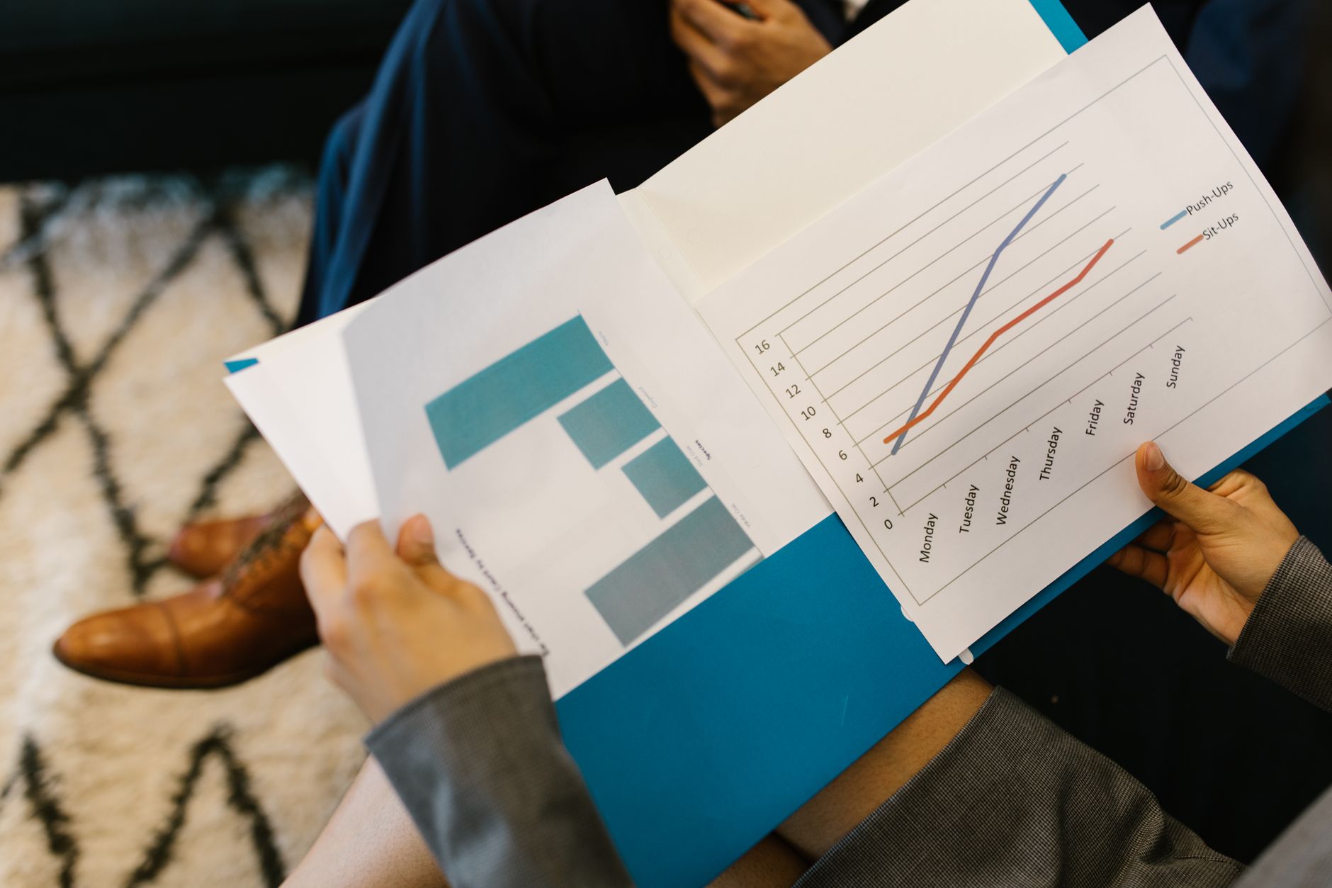 Business reports with graphs reviewed during a corporate meeting
