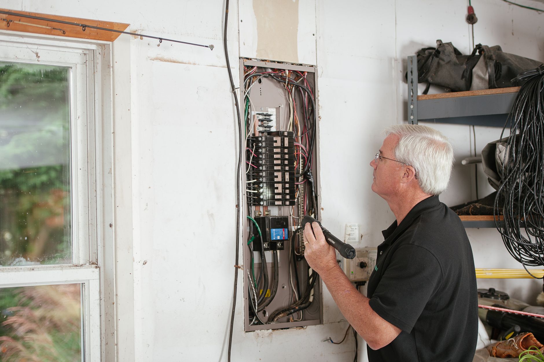 Electrician inspecting a residential electrical panel